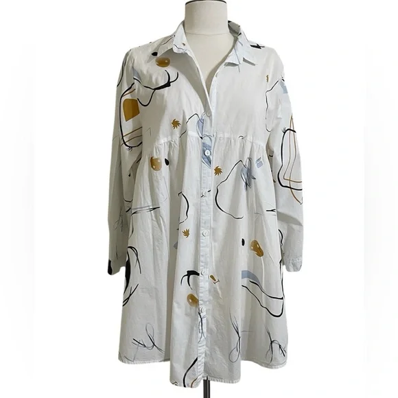 BUYKUD White Cotton Tunic Button Down Top Abstract Artsy Print Flowy Fit Medium - Picture 5 of 12